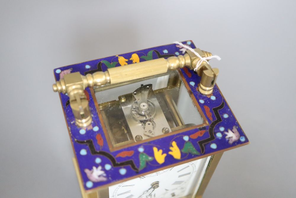 A Chinese cloisonne and brass calendar carriage clock, height 17.5cm